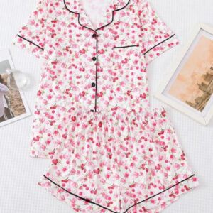 2 pieces women's ditsy floral print short sleeve blouse & shorts lounge pajama set, casual soft comfort button front lapel neck top & shorts loungewear set, women's pajama set