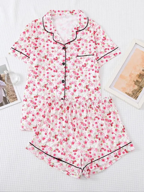 2 pieces women's ditsy floral print short sleeve blouse & shorts lounge pajama set, casual soft comfort button front lapel neck top & shorts loungewear set, women's pajama set