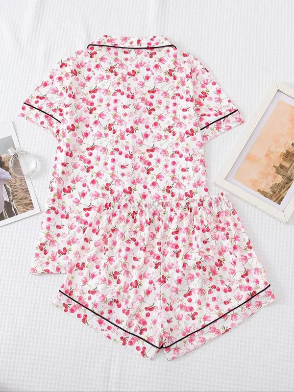 2 pieces women's ditsy floral print short sleeve blouse & shorts lounge pajama set, casual soft comfort button front lapel neck top & shorts loungewear set, women's pajama set