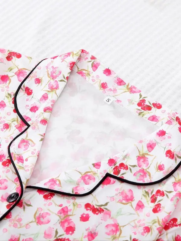 2 pieces women's ditsy floral print short sleeve blouse & shorts lounge pajama set, casual soft comfort button front lapel neck top & shorts loungewear set, women's pajama set