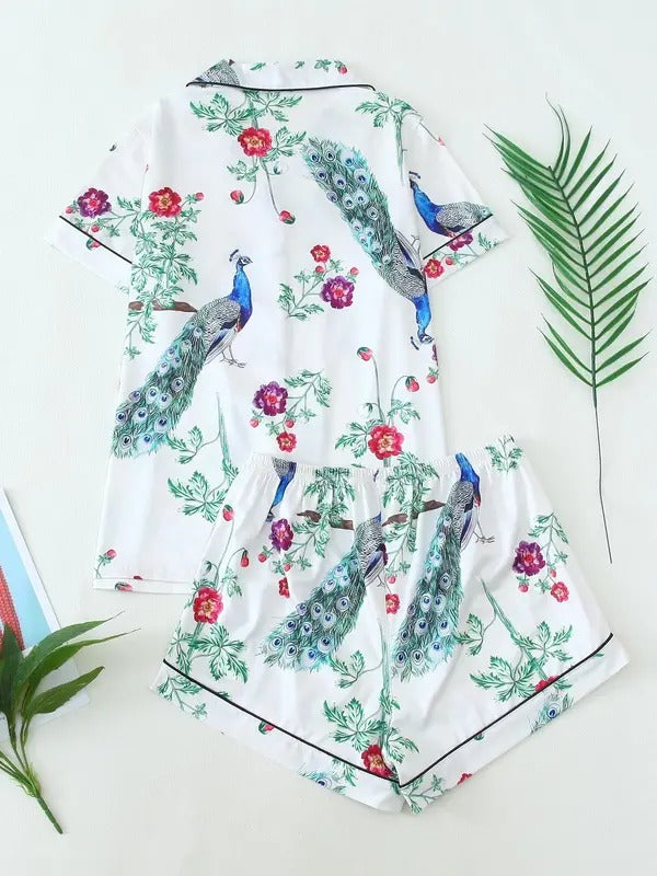 two piece set women's cartoon animal print lapel neck button front pocket pajama, cute casual comfy short sleeve shirt & elastic waist shorts pajama set, ladies sleepwear for all seasons2.jpg