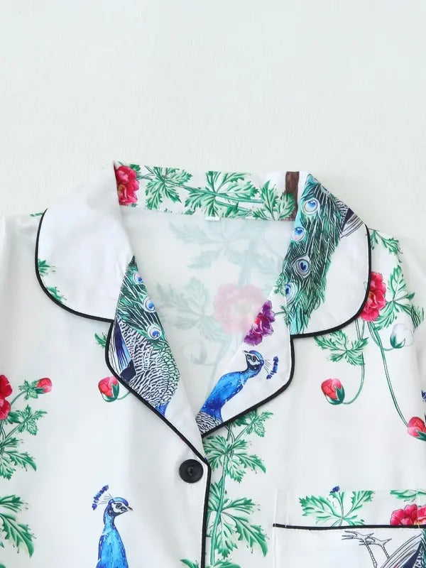 two piece set women's cartoon animal print lapel neck button front pocket pajama, cute casual comfy short sleeve shirt & elastic waist shorts pajama set, ladies sleepwear for all seasons2.jpg