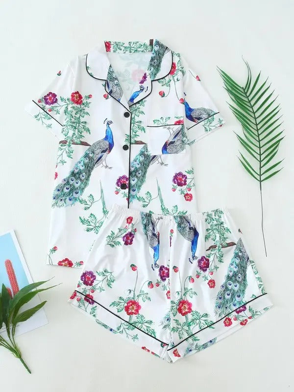 two piece set women's cartoon animal print lapel neck button front pocket pajama, cute casual comfy short sleeve shirt & elastic waist shorts pajama set, ladies sleepwear for all seasons2.jpg