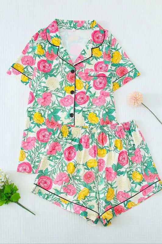 two piece set women's all over floral print button front pocket shirt & shorts pajama, casual comfy short sleeve lapel neck top & shorts pajama set, ladies sleepwear for all seasons