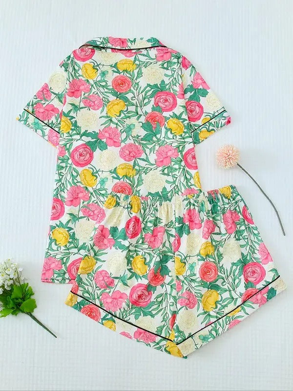 two piece set women's all over floral print button front pocket shirt & shorts pajama, casual comfy short sleeve lapel neck top & shorts pajama set, ladies sleepwear for all seasons