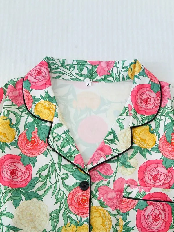 two piece set women's all over floral print button front pocket shirt & shorts pajama, casual comfy short sleeve lapel neck top & shorts pajama set, ladies sleepwear for all seasons