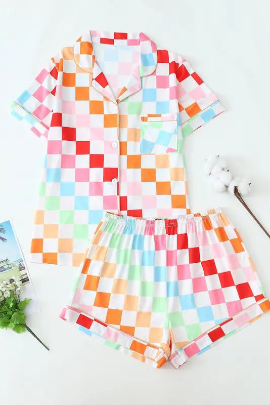 two piece set women's all over goose print lapel neck pajama, casual comfy short sleeve shirt & elastic waist shorts pajama set, ladies sleepwear for all seasons