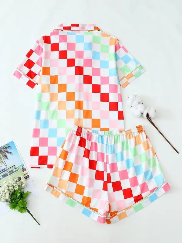 two piece set women's all over goose print lapel neck pajama, casual comfy short sleeve shirt & elastic waist shorts pajama set, ladies sleepwear for all seasons