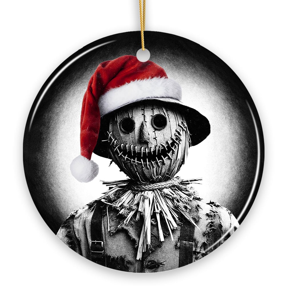 nightmarish scarecrow with santa hat ornament, gift for unique halloween tree christmas decor