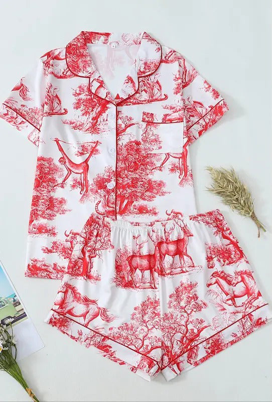 women's all over animal print short sleeve shirt & pants pajama two piece set, casual comfy button down lapel neck top & trousers pajama set, ladies sleepwear for all seasons, loungewear, womenswear