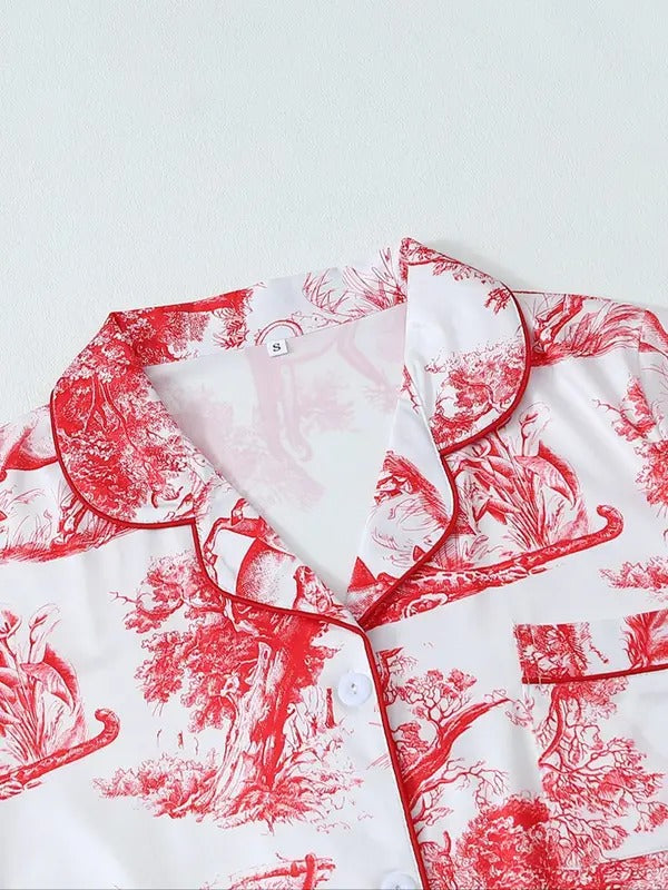 women's all over animal print short sleeve shirt & pants pajama two piece set, casual comfy button down lapel neck top & trousers pajama set, ladies sleepwear for all seasons, loungewear, womenswear