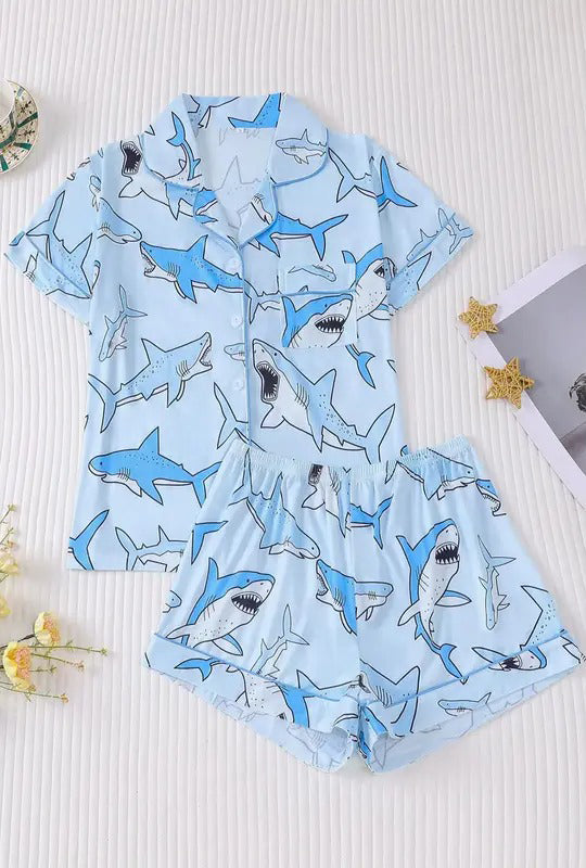 women's all over animal print shortsleeve shirt & elastic waist shorts pyjama two piece set, casual comfy short sleeve top & shorts pj set, ladies sleepwear for all seasons, loungewear, pajama set, summer sleepwear