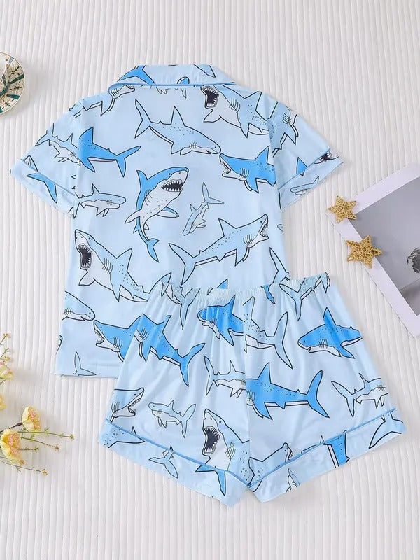 women's all over animal print shortsleeve shirt & elastic waist shorts pyjama two piece set, casual comfy short sleeve top & shorts pj set, ladies sleepwear for all seasons, loungewear, pajama set, summer sleepwear