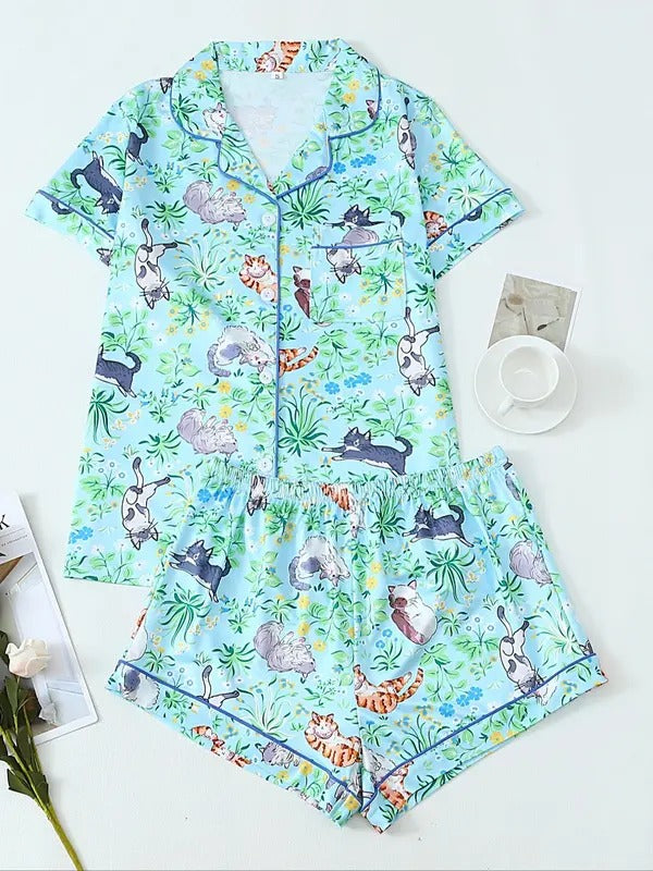 women's all over animal & floral print pajama two piece set, casual comfy short sleeve lapel collar shirt & shorts pj set, ladies sleepwear for all seasons, loungewear