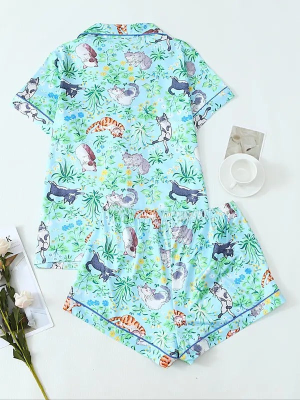 women's all over animal & floral print pajama two piece set, casual comfy short sleeve lapel collar shirt & shorts pj set, ladies sleepwear for all seasons, loungewear