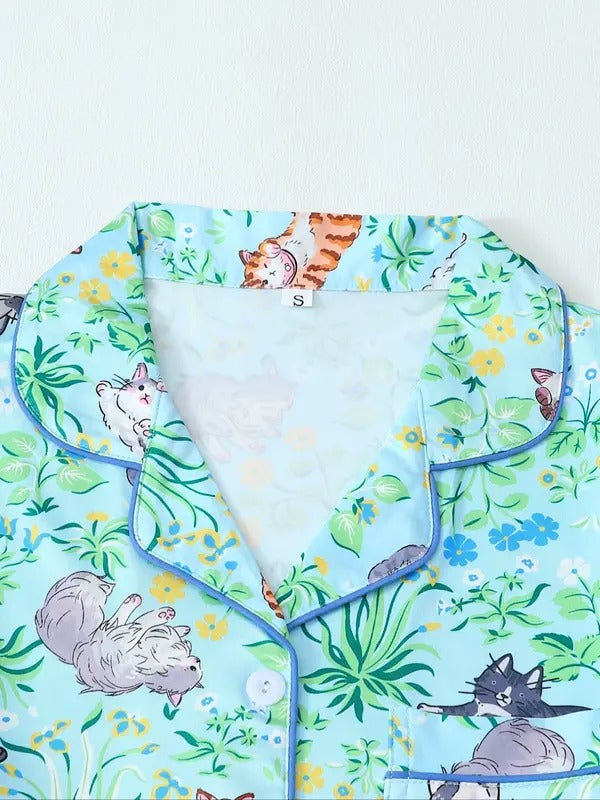 women's all over animal & floral print pajama two piece set, casual comfy short sleeve lapel collar shirt & shorts pj set, ladies sleepwear for all seasons, loungewear