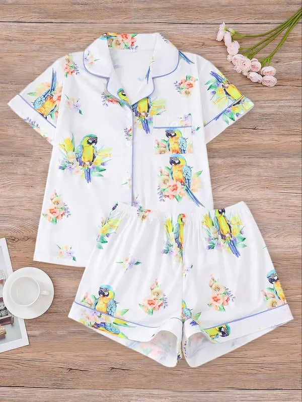 women's all over bird print shirt & elastic waist shorts pajama two piece set, casual comfy short sleeve lapel neck top & shorts pajama set, ladies sleepwear for all seasons, loungewear, pajamas