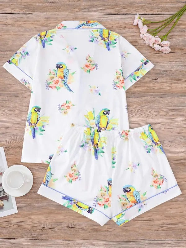 women's all over bird print shirt & elastic waist shorts pajama two piece set, casual comfy short sleeve lapel neck top & shorts pajama set, ladies sleepwear for all seasons, loungewear, pajamas