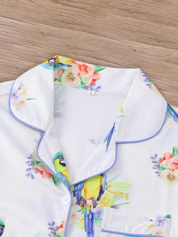 women's all over bird print shirt & elastic waist shorts pajama two piece set, casual comfy short sleeve lapel neck top & shorts pajama set, ladies sleepwear for all seasons, loungewear, pajamas