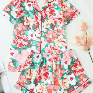 women's all over floral print crop top & shorts pajama, casual comfy short sleeve button up top & shorts pajama set, ladies sleepwear for all seasons, pajamas set