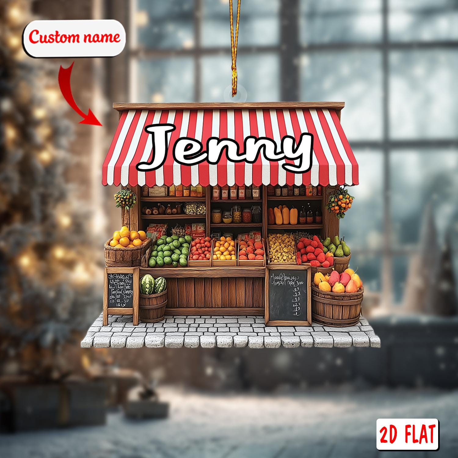 custom name 2d acrylic christmas ornament, fruit shop holiday decor, personalized market stand ornament, unique xmas tree gift