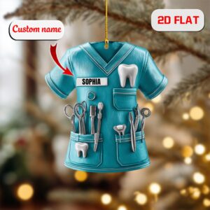 custom dental scrub ornament 2d flat, personalized dentist christmas ornament, dental hygienist acrylic ornament gift for xmas tree