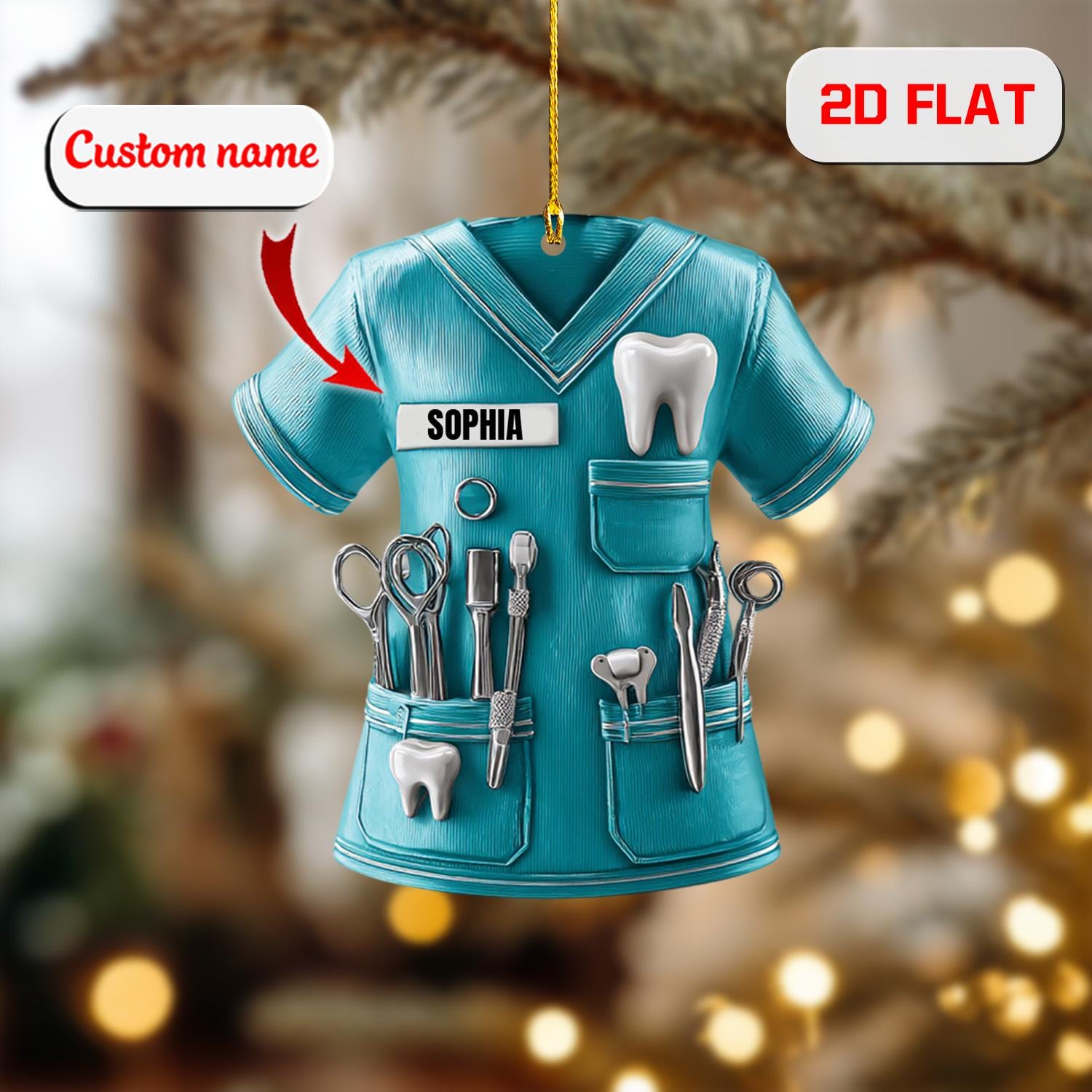 custom dental scrub ornament 2d flat, personalized dentist christmas ornament, dental hygienist acrylic ornament gift for xmas tree
