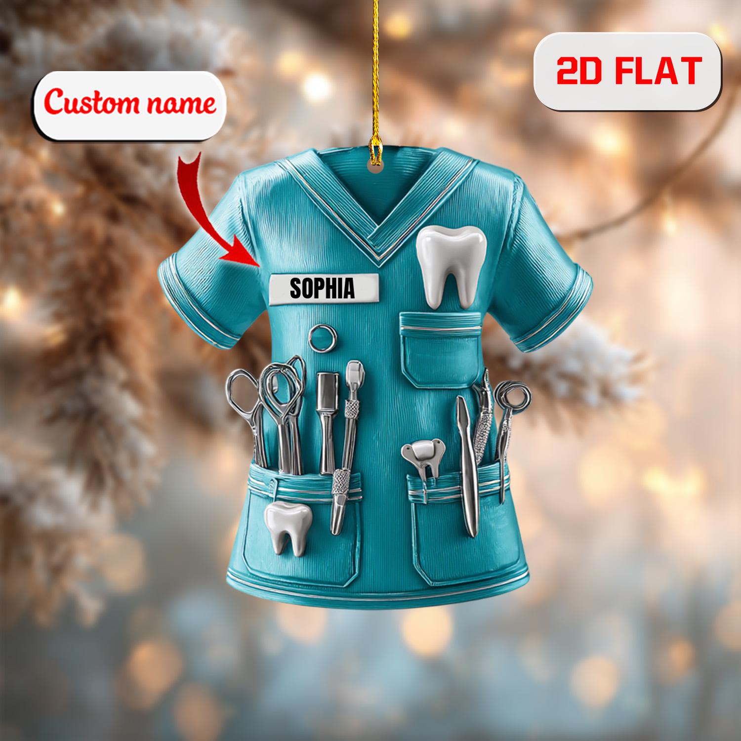 custom dental scrub ornament 2d flat, personalized dentist christmas ornament, dental hygienist acrylic ornament gift for xmas tree