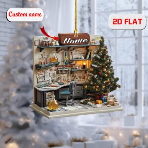 2d acrylic christmas ornament, scientist lab holiday decor with microscope and beakers, science ornament for chemists, christmas gift